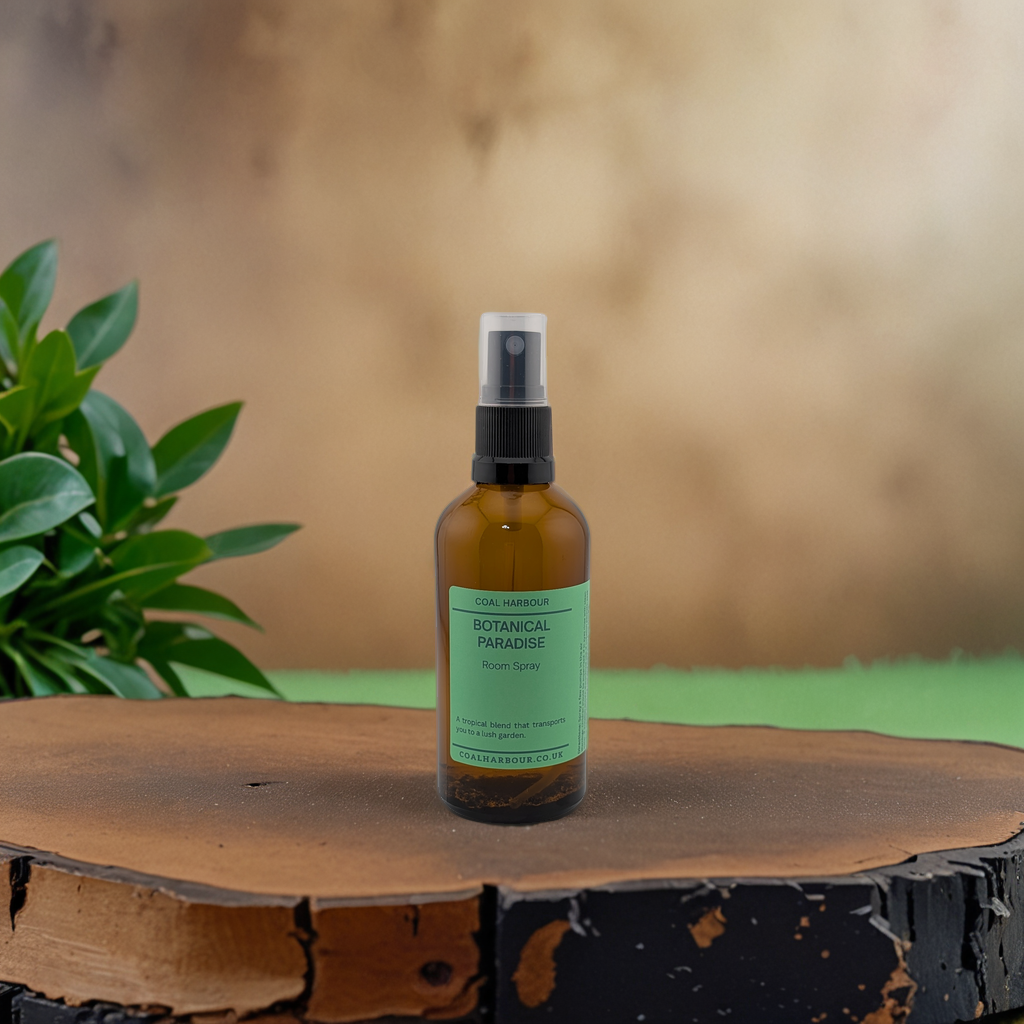 Bottle of 'Botanical Paradise' on a wooden surface with a blurred natural background