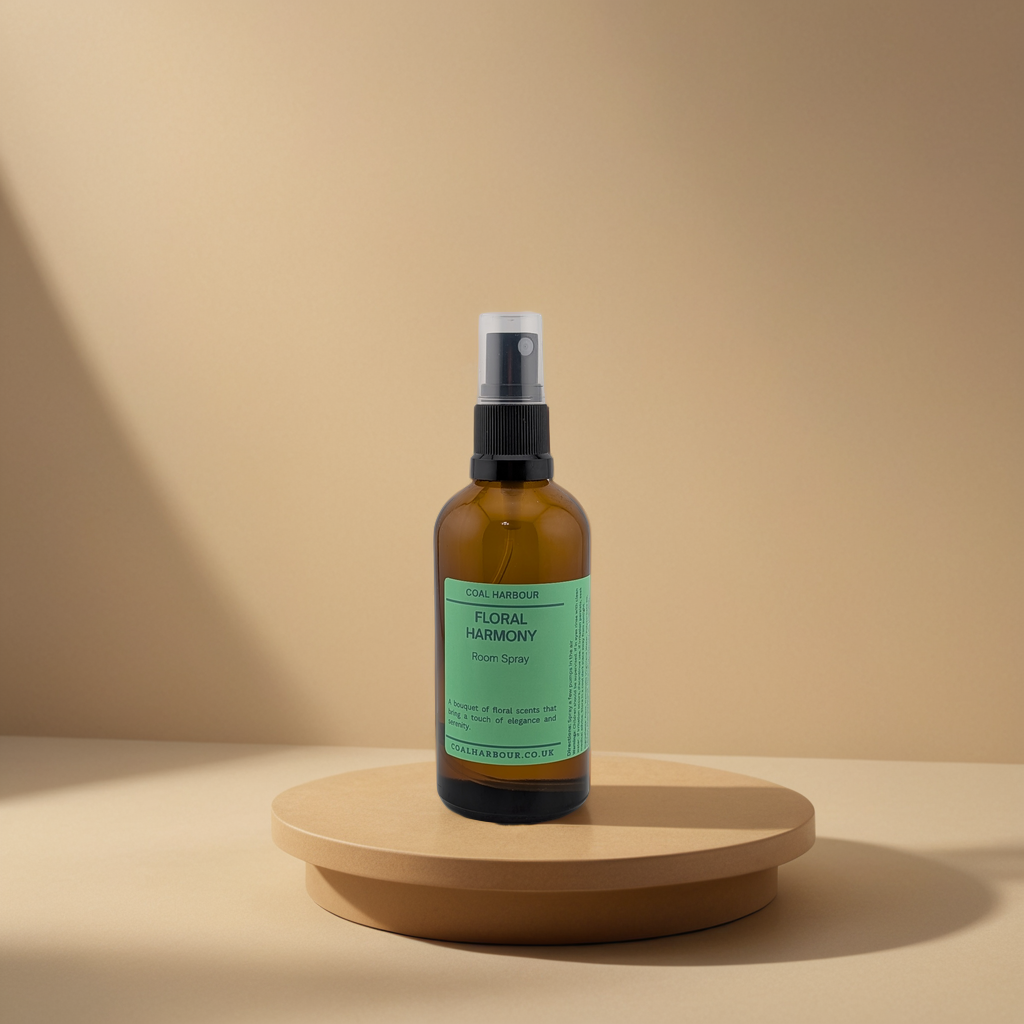 Bottle of 'Floral Harmony' on a wooden stand with a beige background