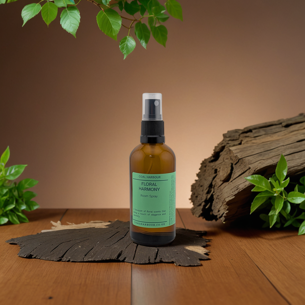 Bottle of 'Floral Harmony' spray on a wooden surface with greenery