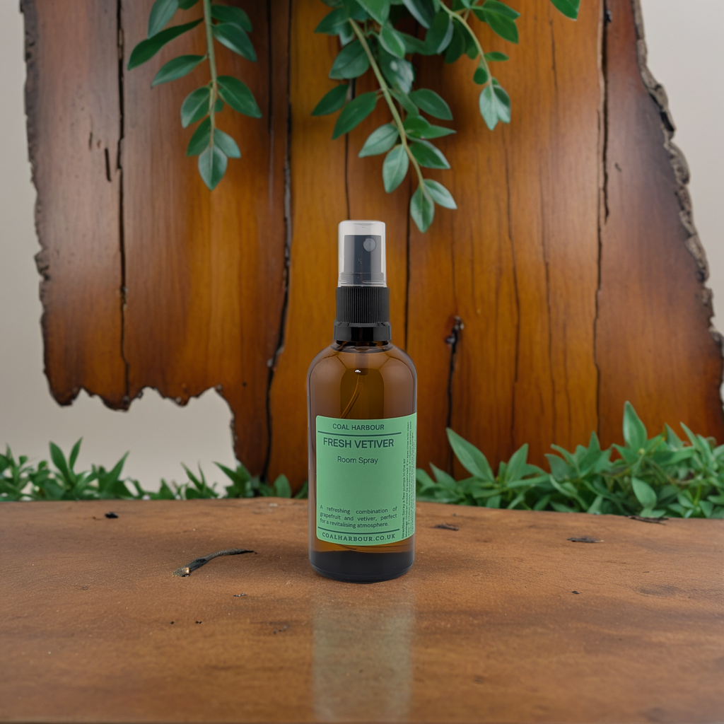Bottle of Fresh Vetiver room spray on a wooden surface with greenery
