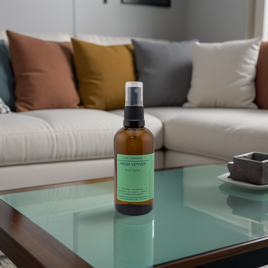 Bottle of Fresh Vetiver spray on a glass coffee table with a couch in the background