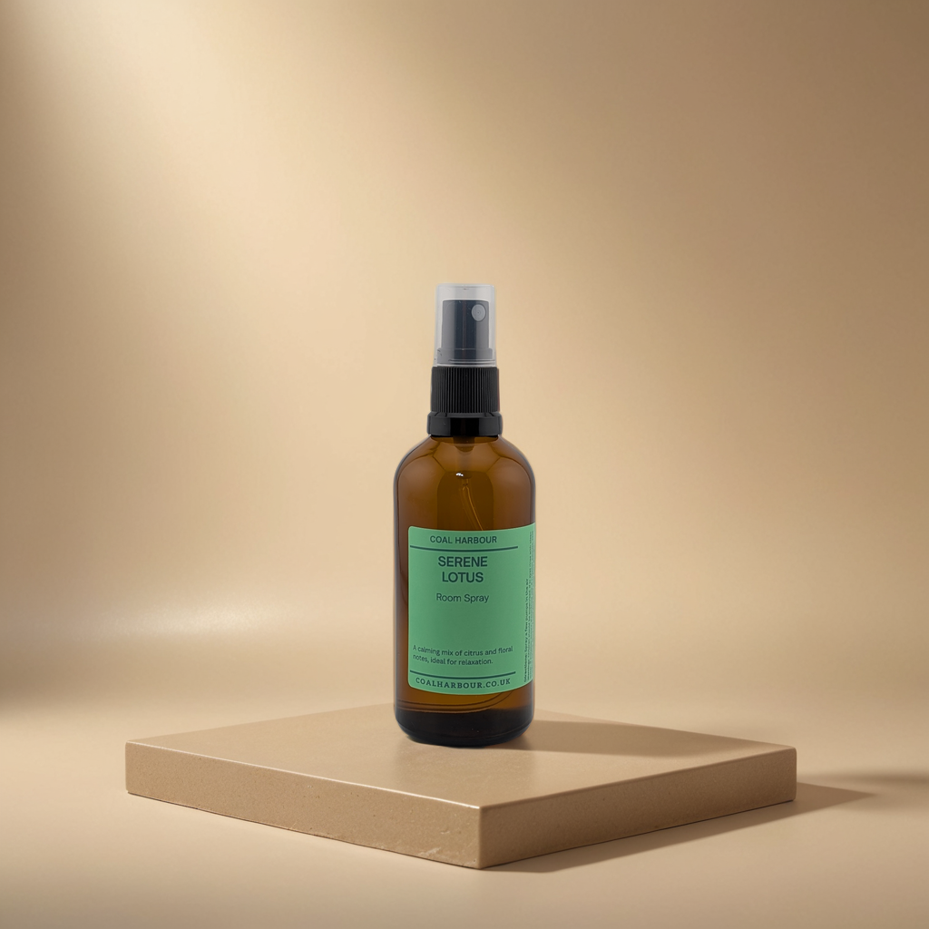 Bottle of Serene Lotus product on a beige platform with a beige background