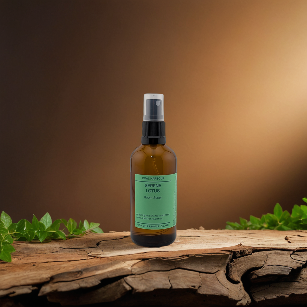 Bottle of Serene Lotus room spray on a wooden surface with green leaves.
