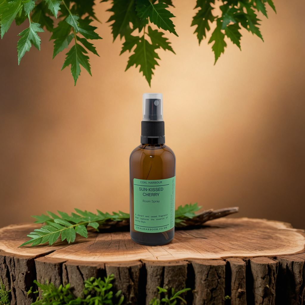 Bottle of 'Sun-Kissed Cherry' spray on a wooden stump with green leaves.