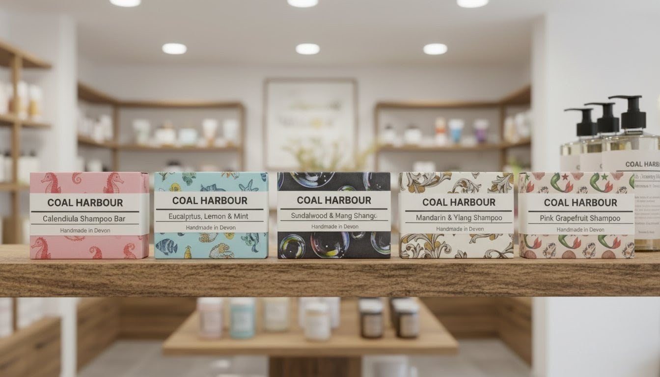 Display of Coal Harbour products including soap bars and shampoo bottles in a store setting.