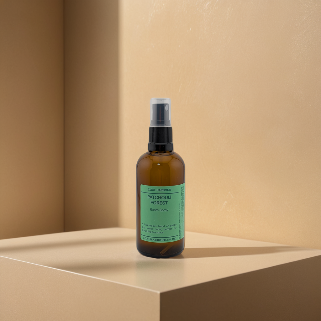 Brown spray bottle with a green label on a beige surface