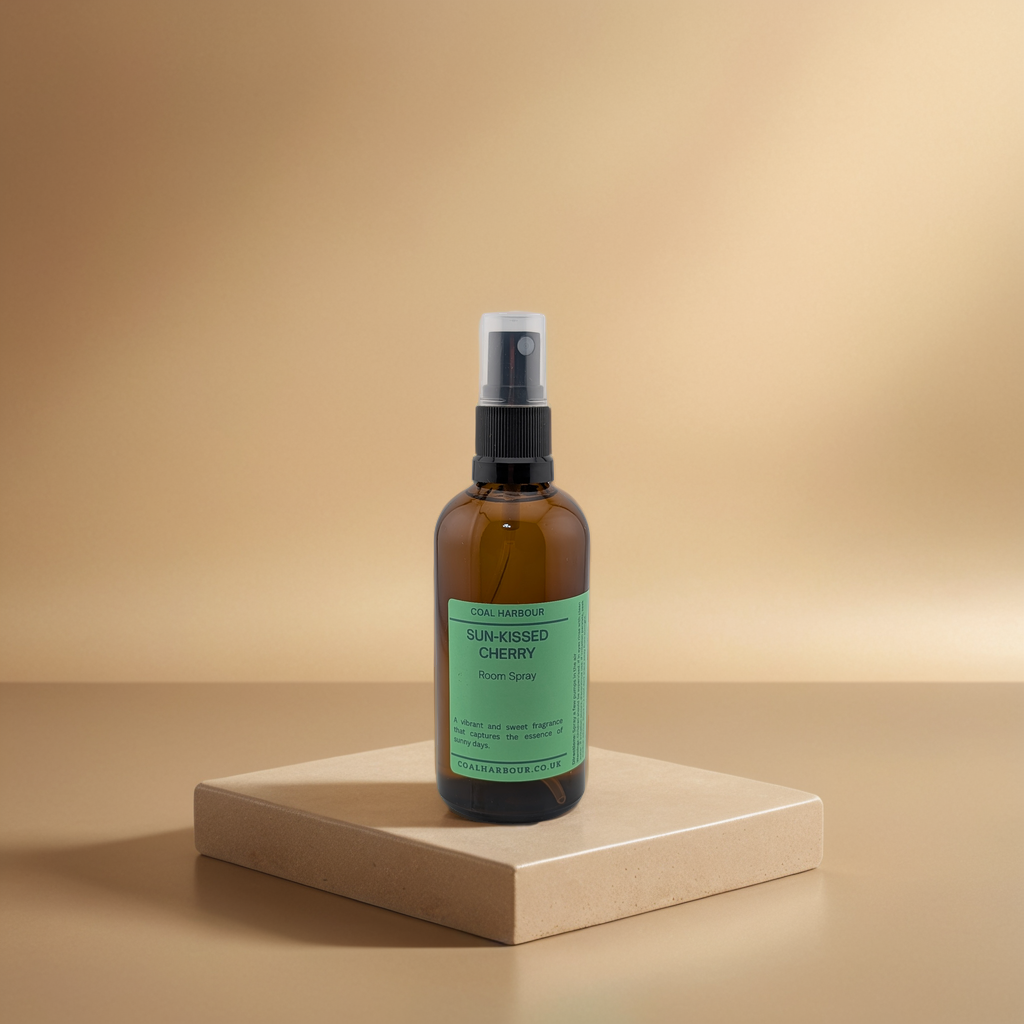 Brown spray bottle with green label on a beige platform against a beige background