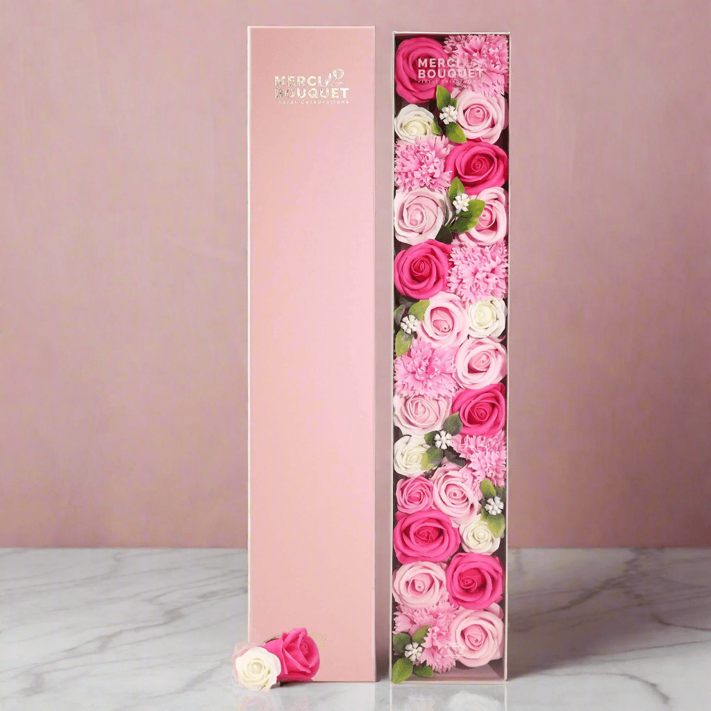 Extra Long Pink Roses & Carnations Soap Flowers Gift Box - Coal Harbour