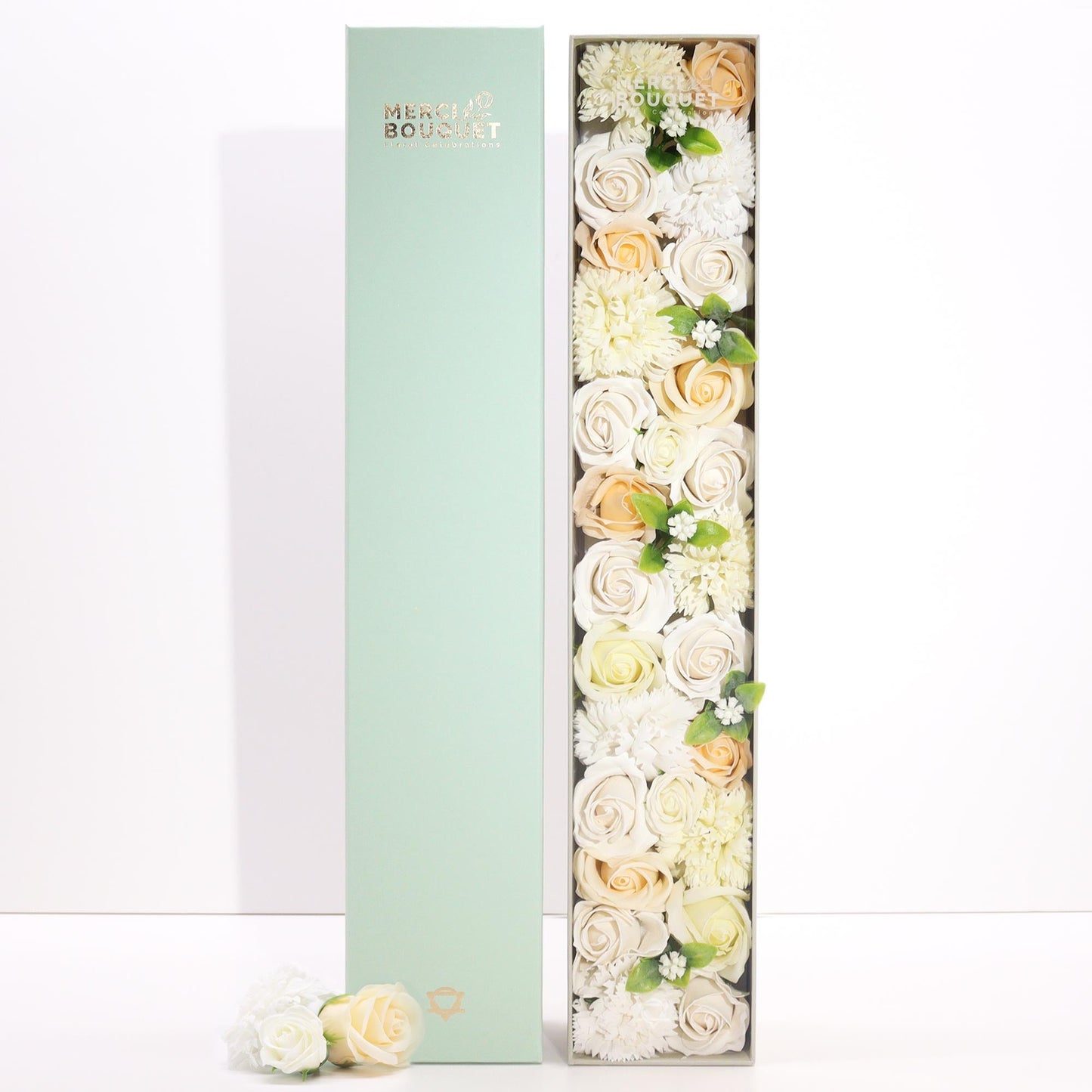 Extra Long White and Ivory Roses & Carnation Soap Flowers Gift Box - Coal Harbour
