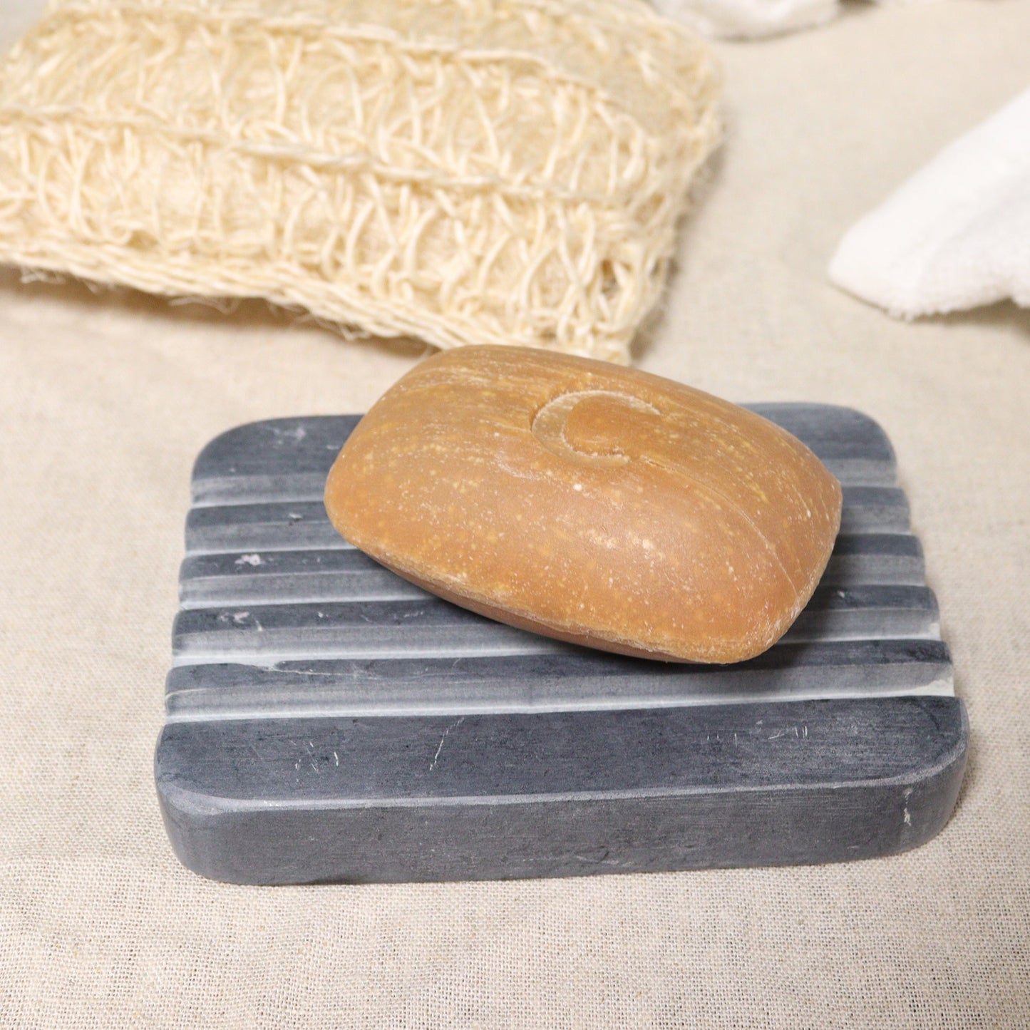 Grey Soapstone Soap Dish - Heavy Ridges - Coal Harbour