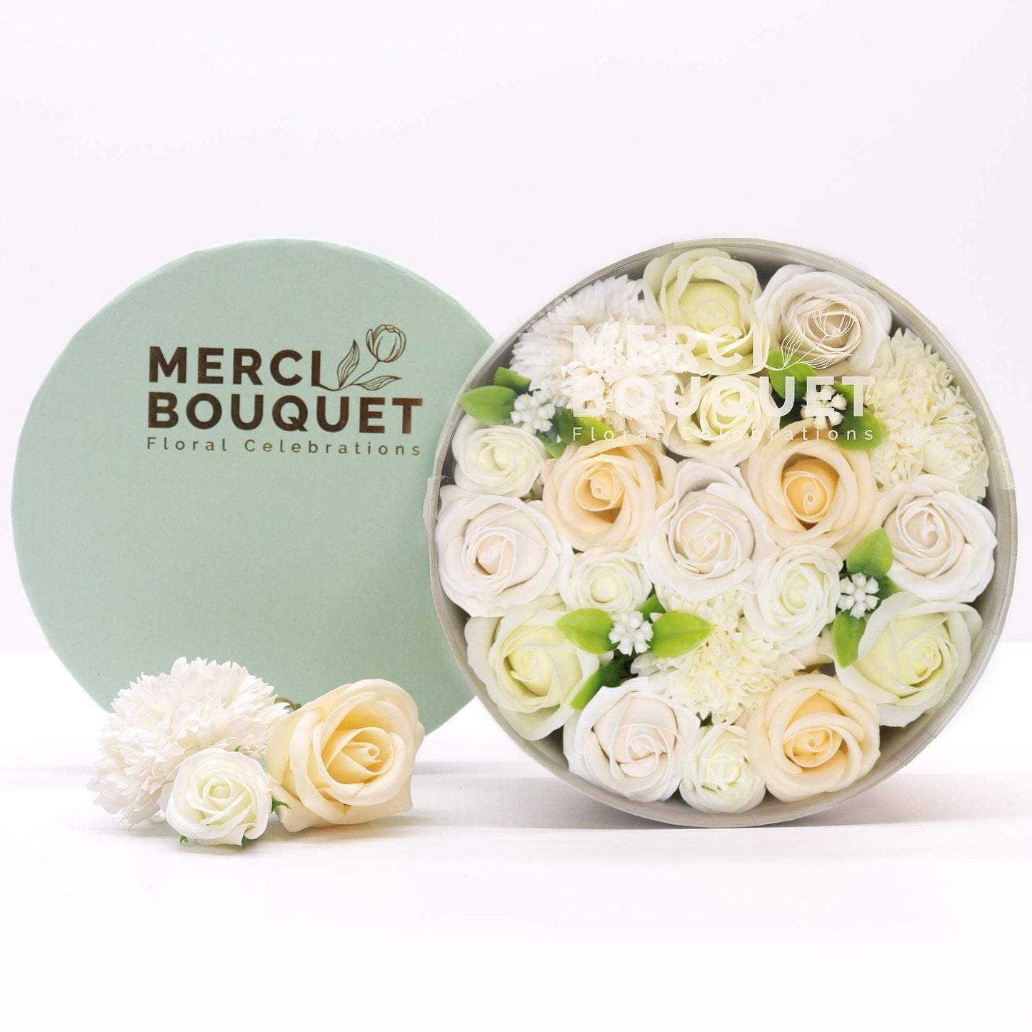 White and Ivory Roses & Carnation Soap Flowers Gift Box - Coal Harbour