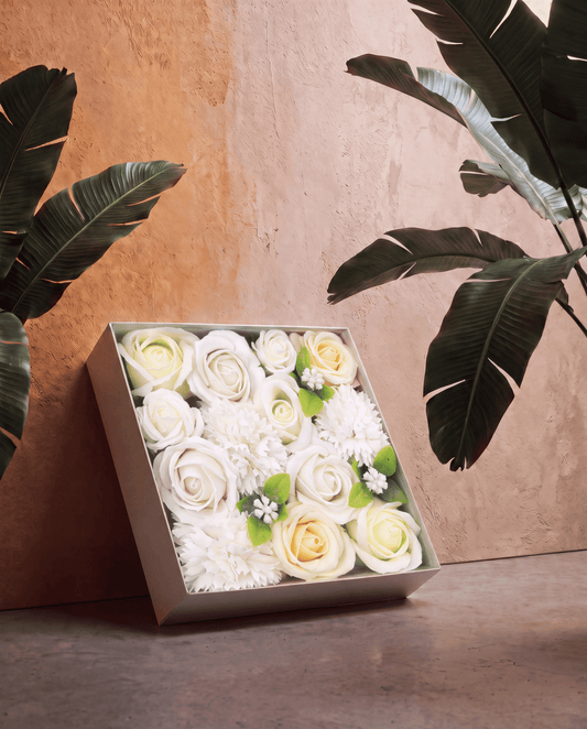 White and Ivory Roses & Carnation Soap Flowers Square Gift Box - Coal Harbour