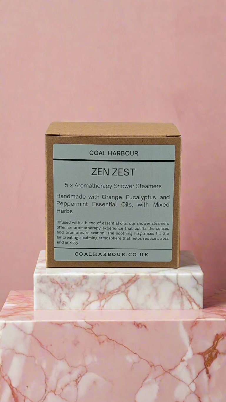 COAL HARBOUR Zen Zest product packaging on a pink marble surface with a pink background