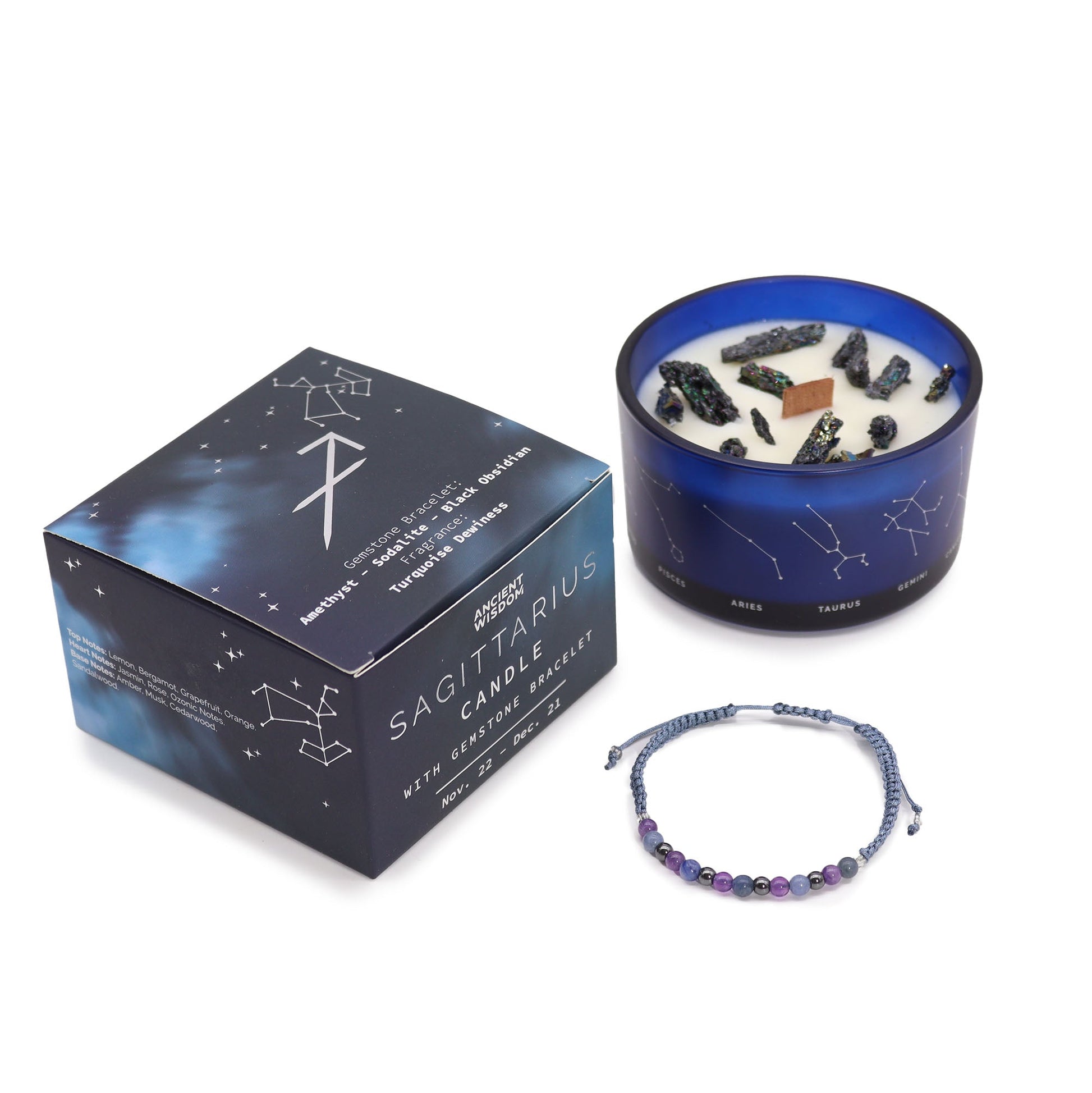 Zodiac Crystal Candle with Gemstone Bracelet - Sagittarius - Coal Harbour