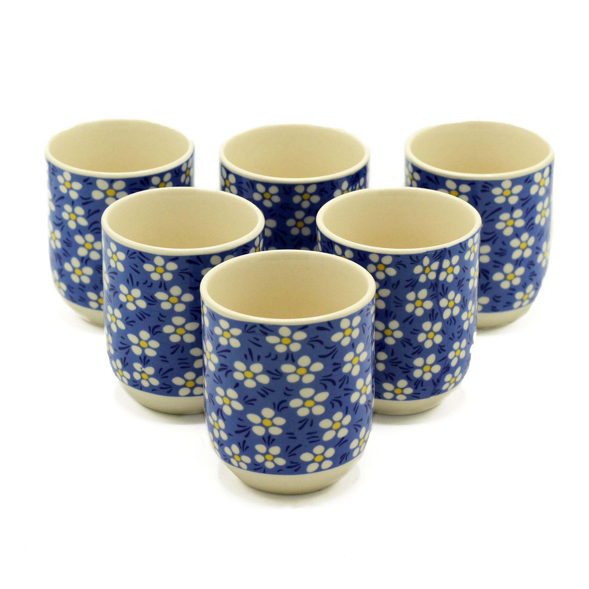 Six Herbal teacups no handle blue floral daisy design