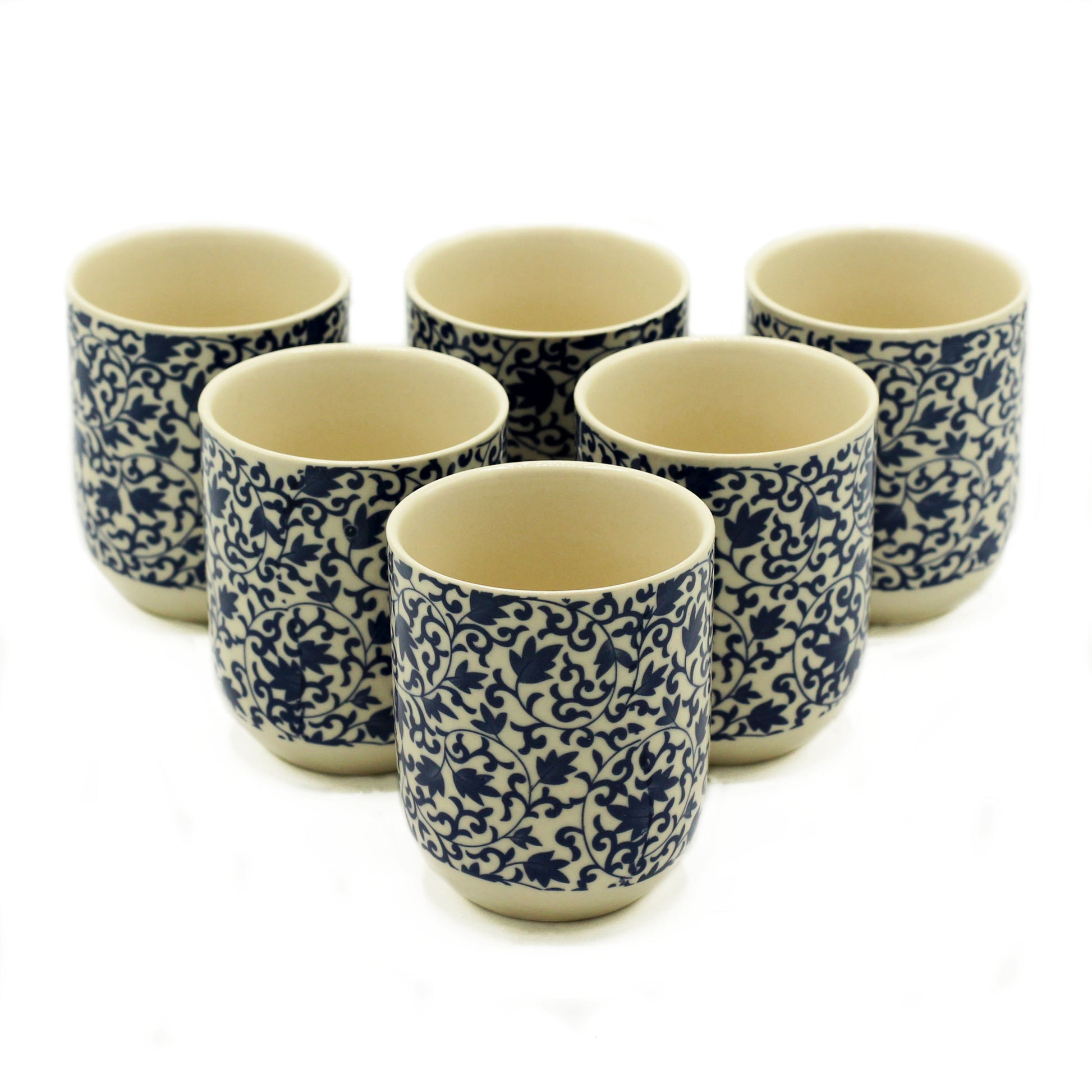 Six Herbal teacups no handle blue swirl leaf design