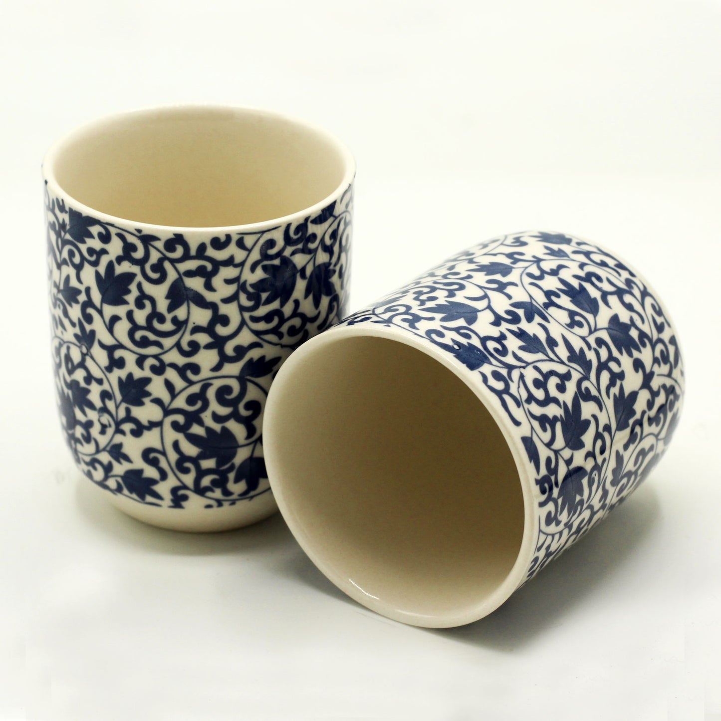 Six Herbal teacups no handle blue swirl leaf design