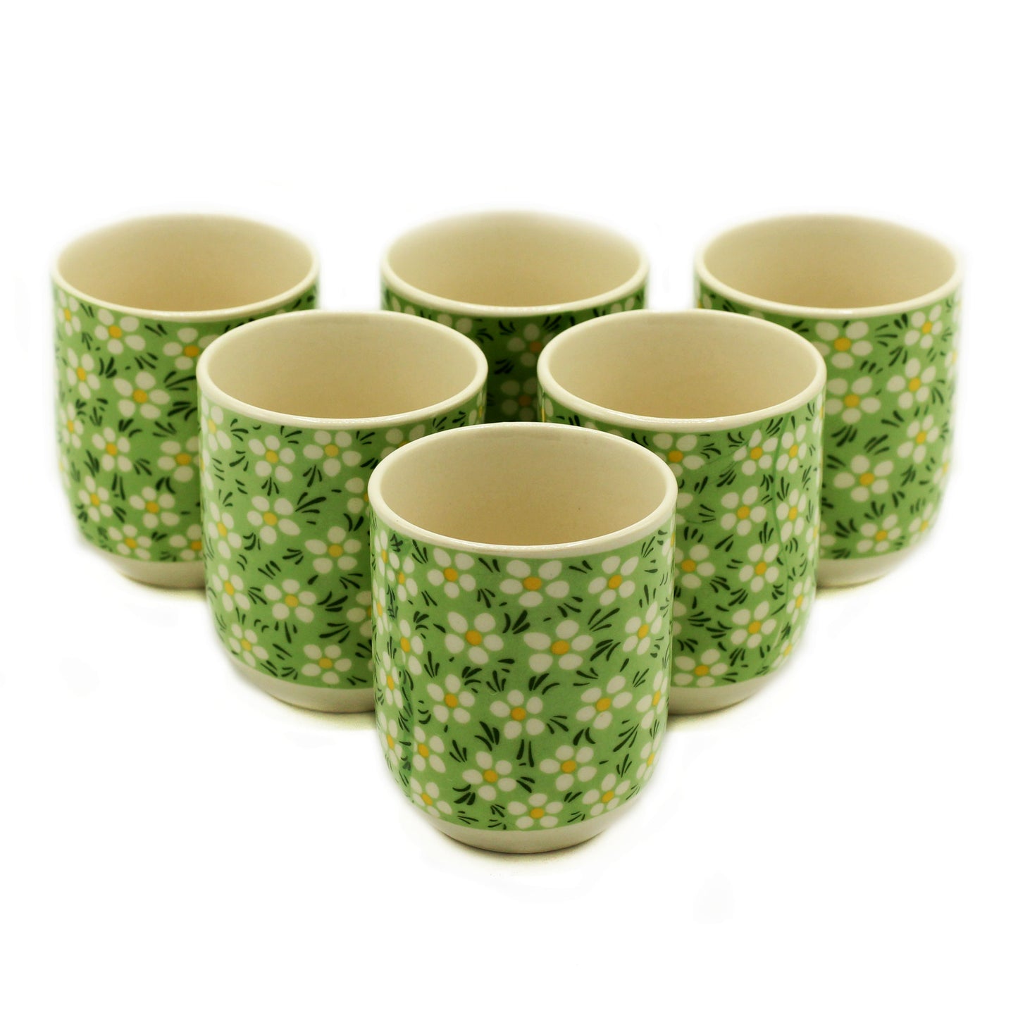 Six Herbal teacups no handle green daisy floral design