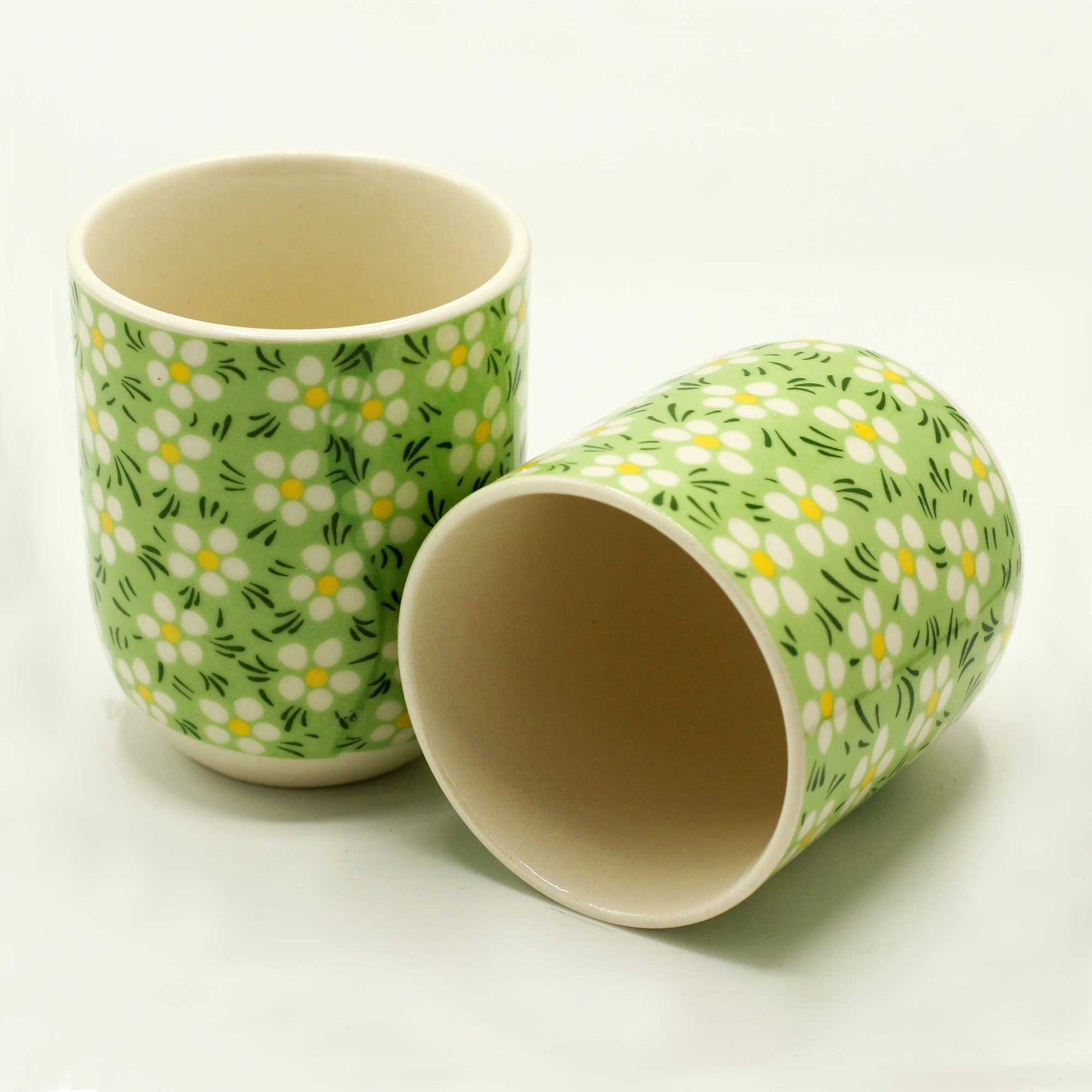 Six Herbal teacups no handle green daisy floral design