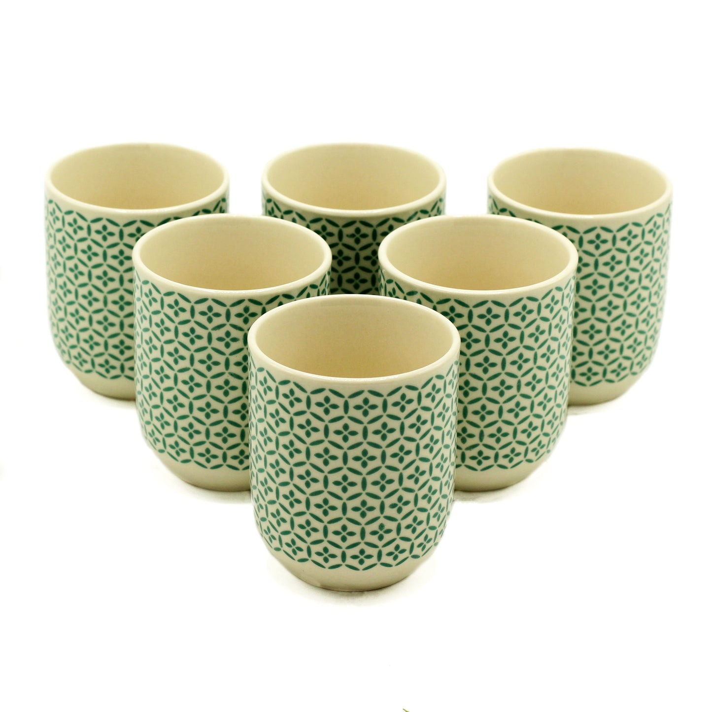 Six Herbal teacups no handle green mosaic design