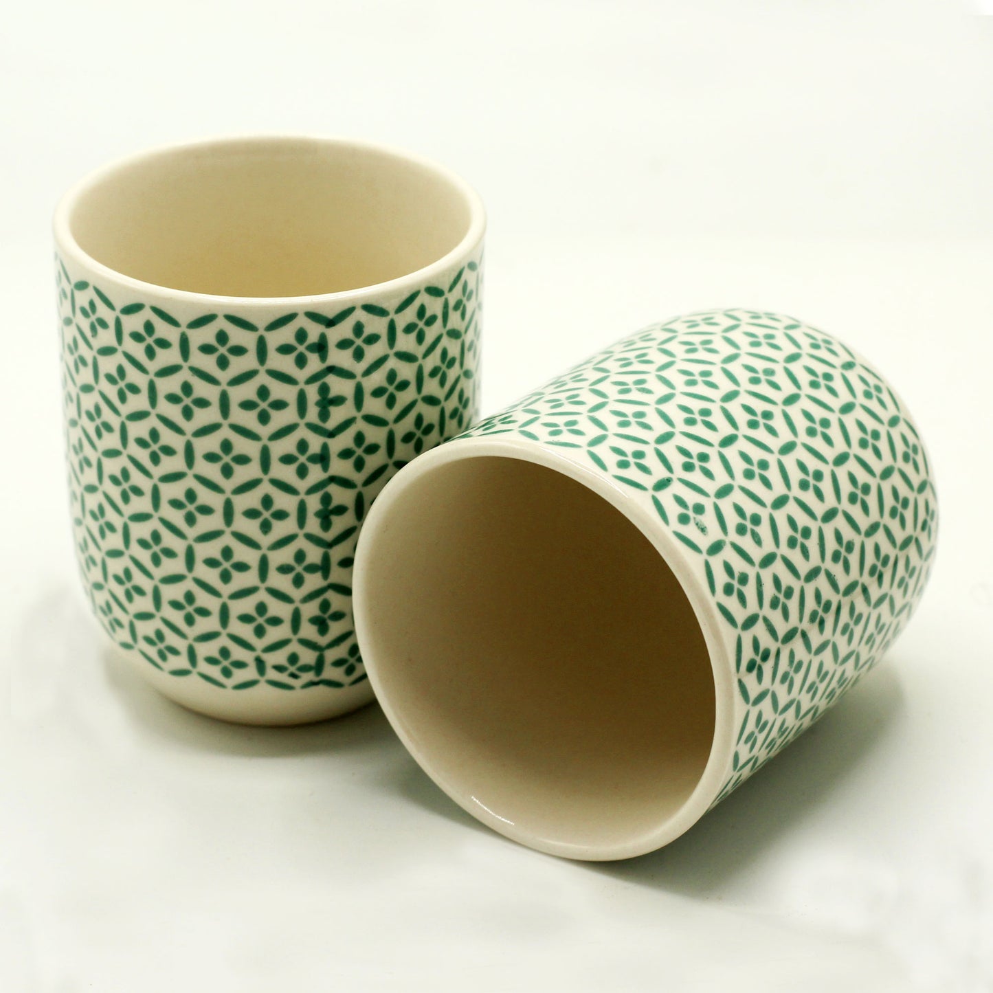 Six Herbal teacups no handle green mosaic design