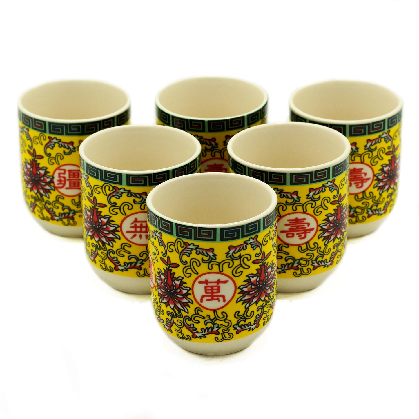 Six Herbal teacups no handle long life oriental design