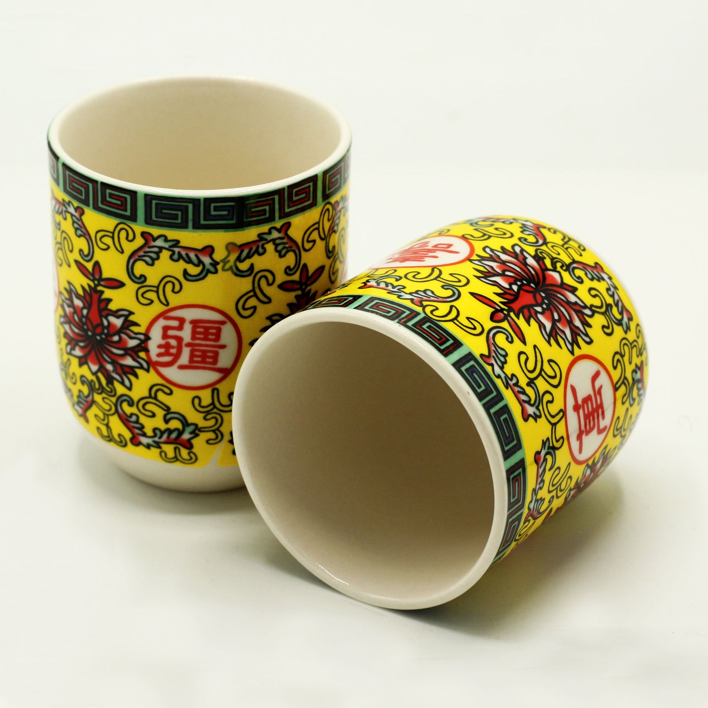 Six Herbal teacups no handle long life oriental design