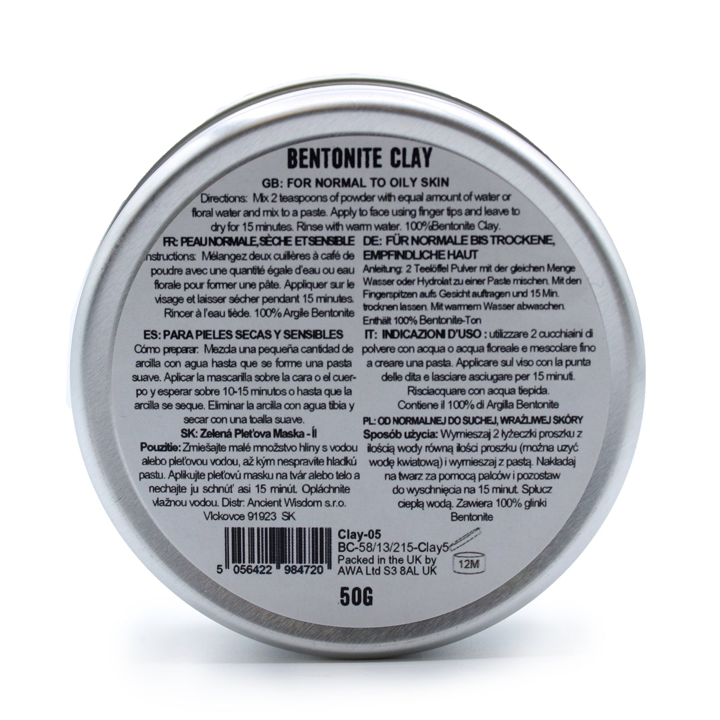 Bentonite clay face mask powder in tin