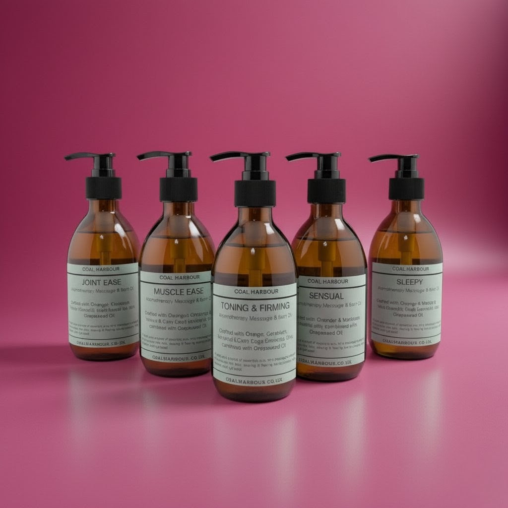 Five brown bottles with black pumps on a pink background