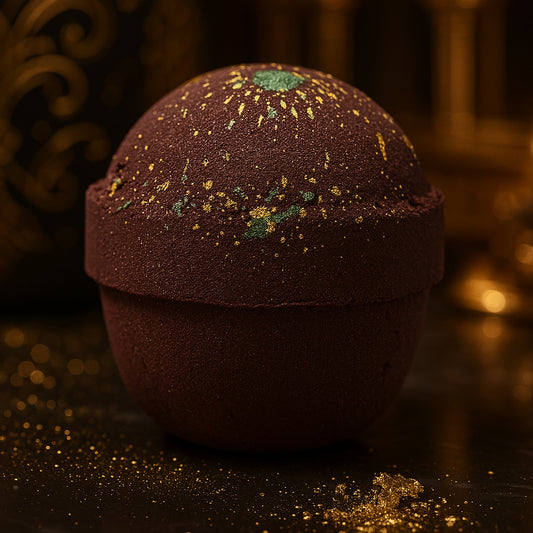Brown bath bomb with gold and green specks on a dark background