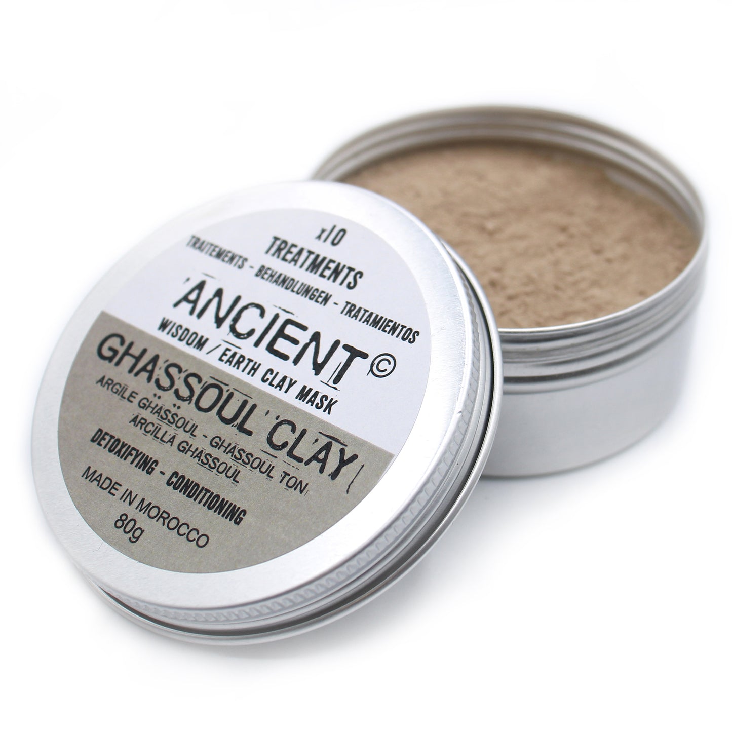 Ghassoul clay face mask powder in tin