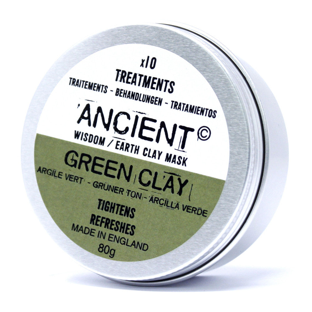 Green clay face mask powder in tin