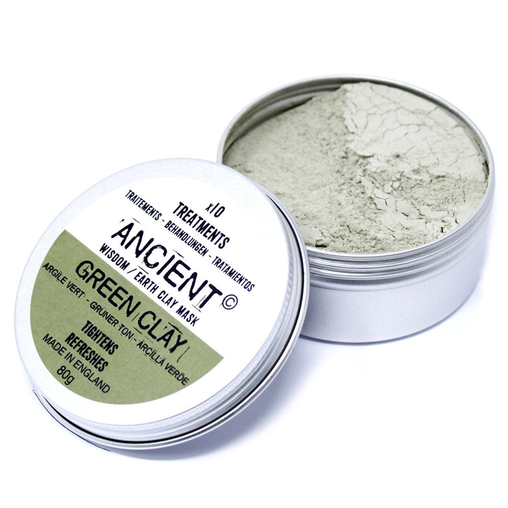 Green clay face mask powder in tin