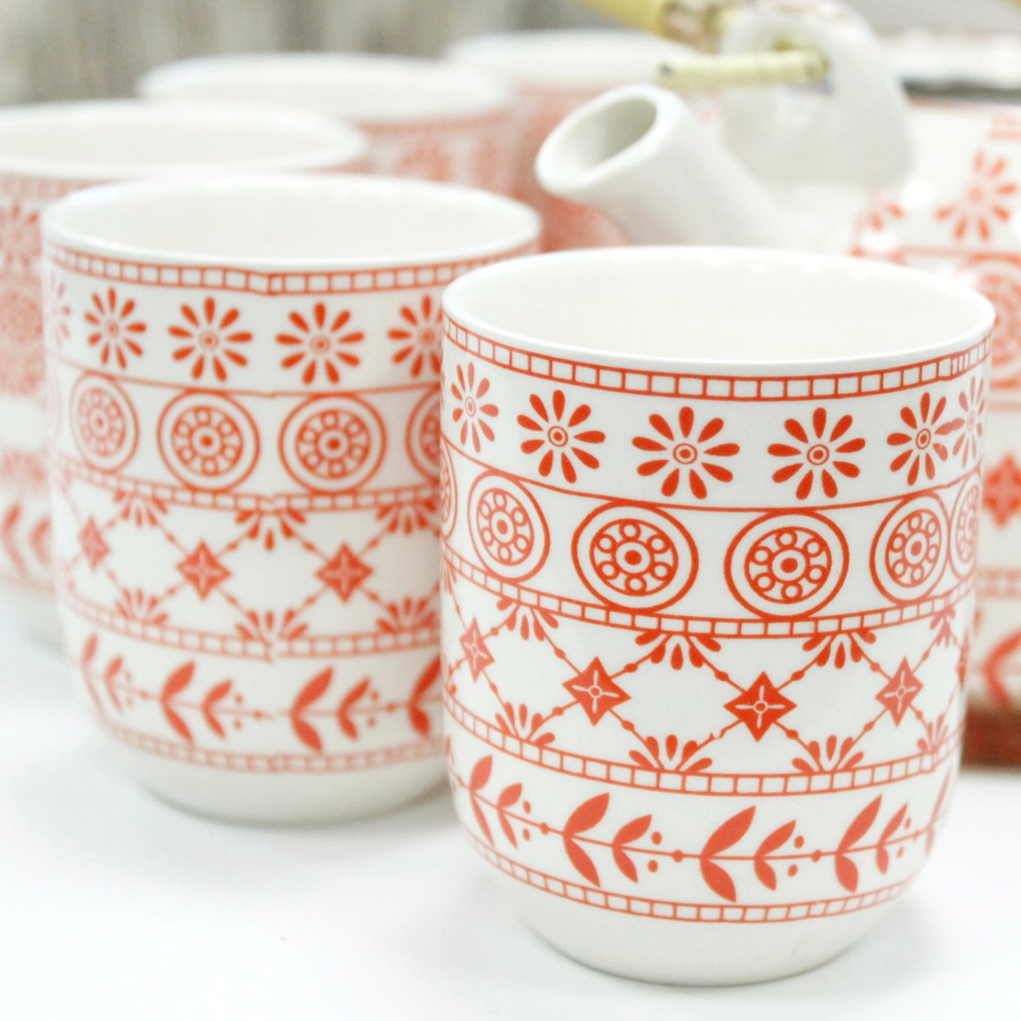 Herbal Teapot Set amber orange and white mixed leaf star circle regency design with six cups teacups for loose leaf tea or teabags