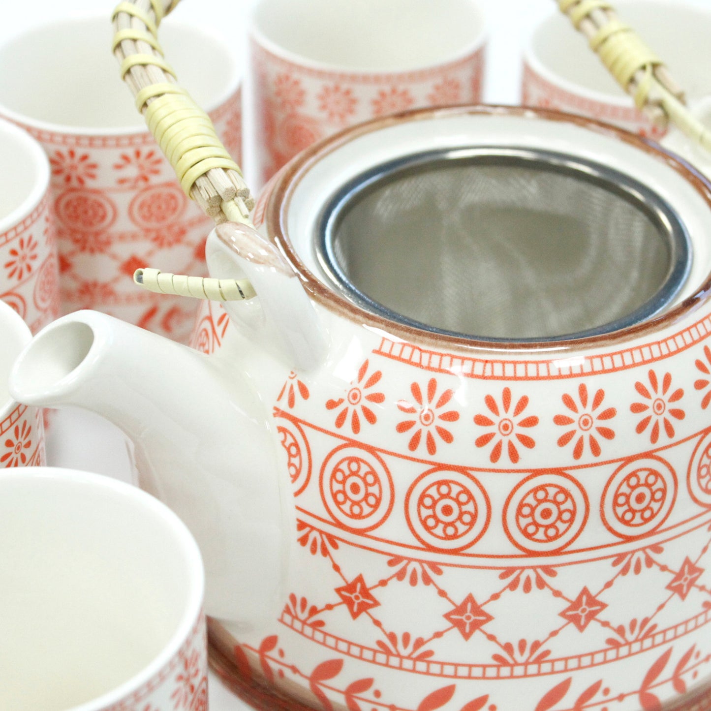 Herbal Teapot Set amber orange and white mixed leaf star circle regency design with six cups teacups for loose leaf tea or teabags