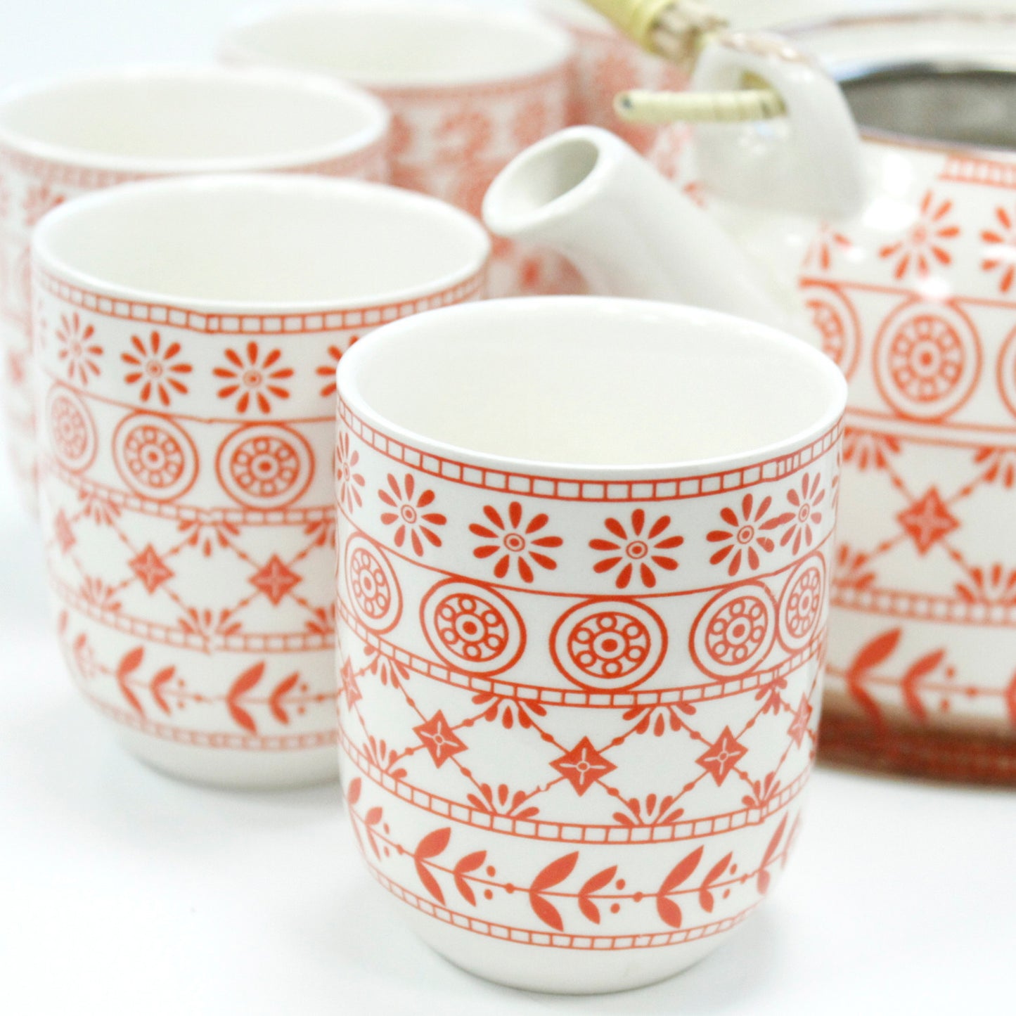 Herbal Teapot Set amber orange and white mixed leaf star circle regency design with six cups teacups for loose leaf tea or teabags