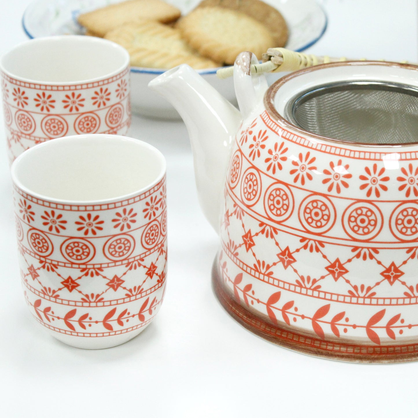 Herbal Teapot Set amber orange and white mixed leaf star circle regency design with six cups teacups for loose leaf tea or teabags