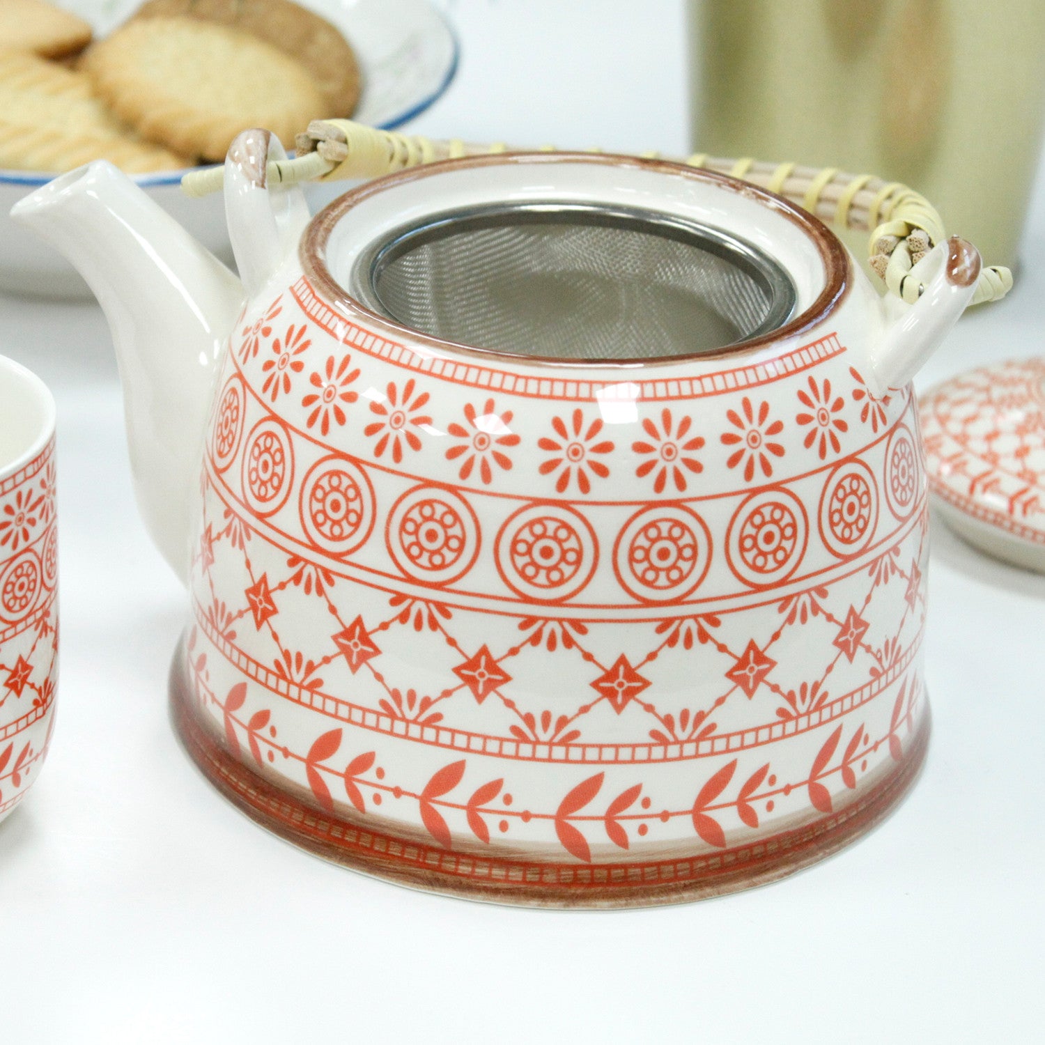 Herbal Teapot Set amber orange and white mixed leaf star circle regency design with six cups teacups for loose leaf tea or teabags