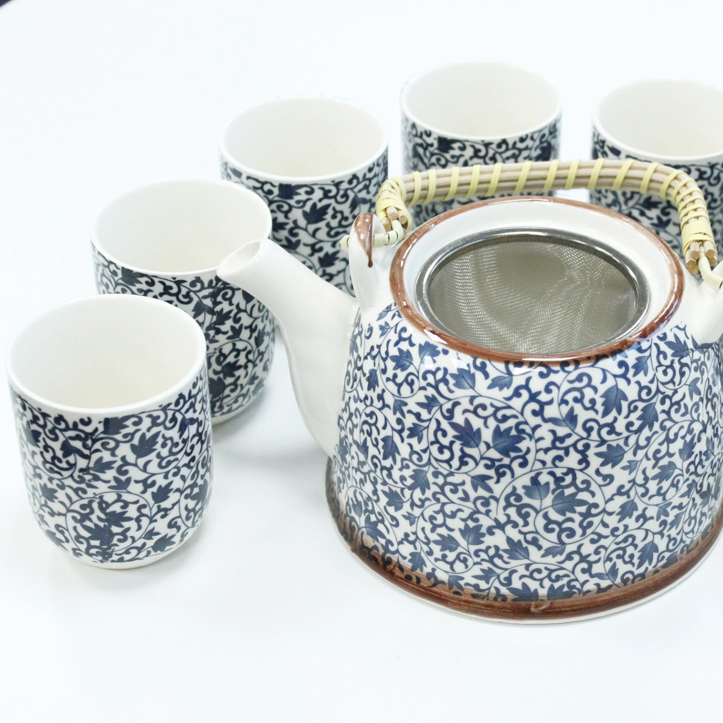 Herbal Teapot Set blue and white swirl leaf design with six cups teacups for loose leaf tea or teabags