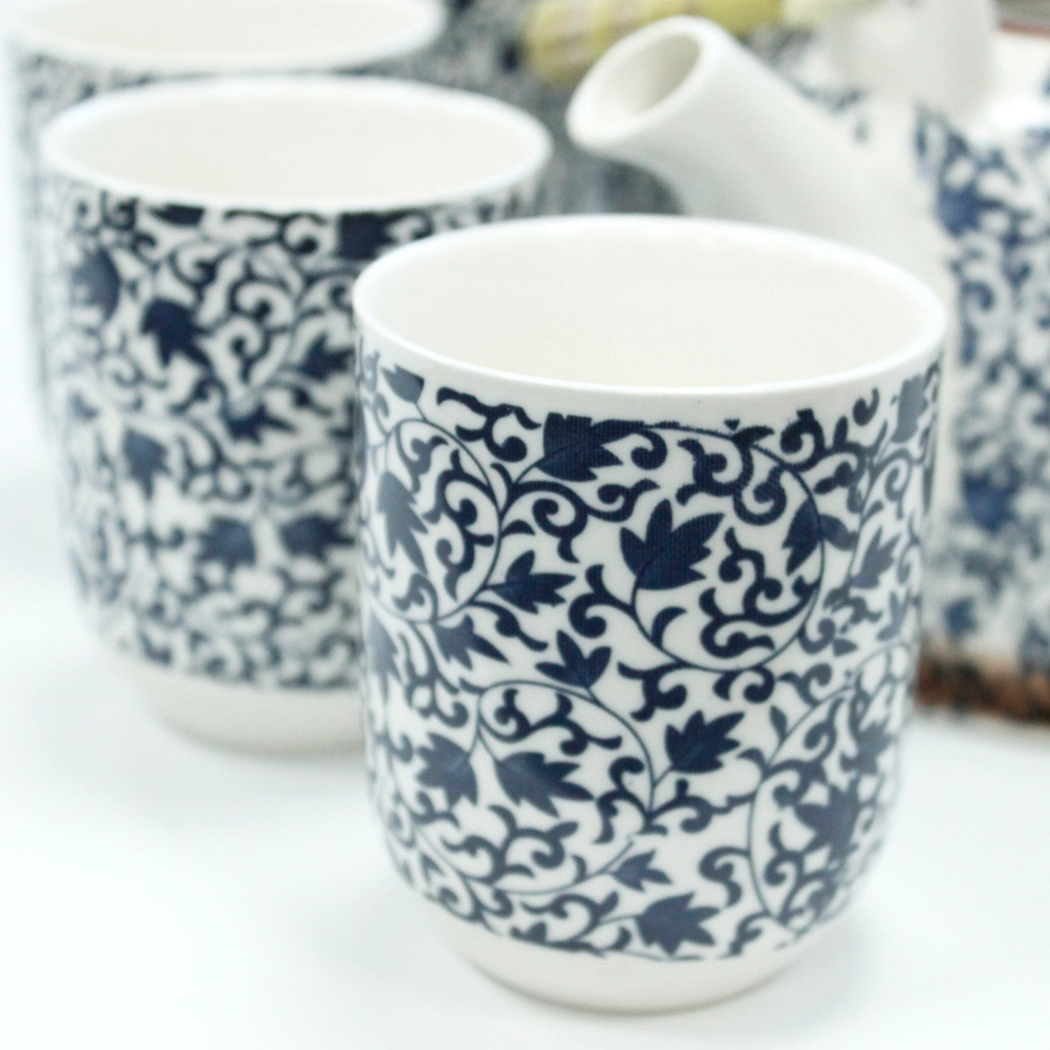 Herbal Teapot Set blue and white swirl leaf design with six cups teacups for loose leaf tea or teabags