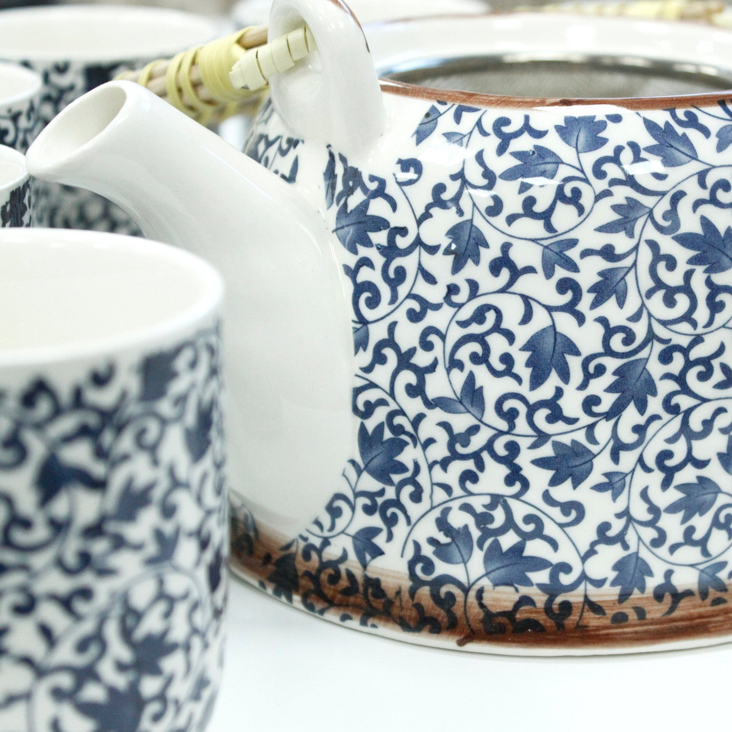 Herbal Teapot Set blue and white swirl leaf design with six cups teacups for loose leaf tea or teabags