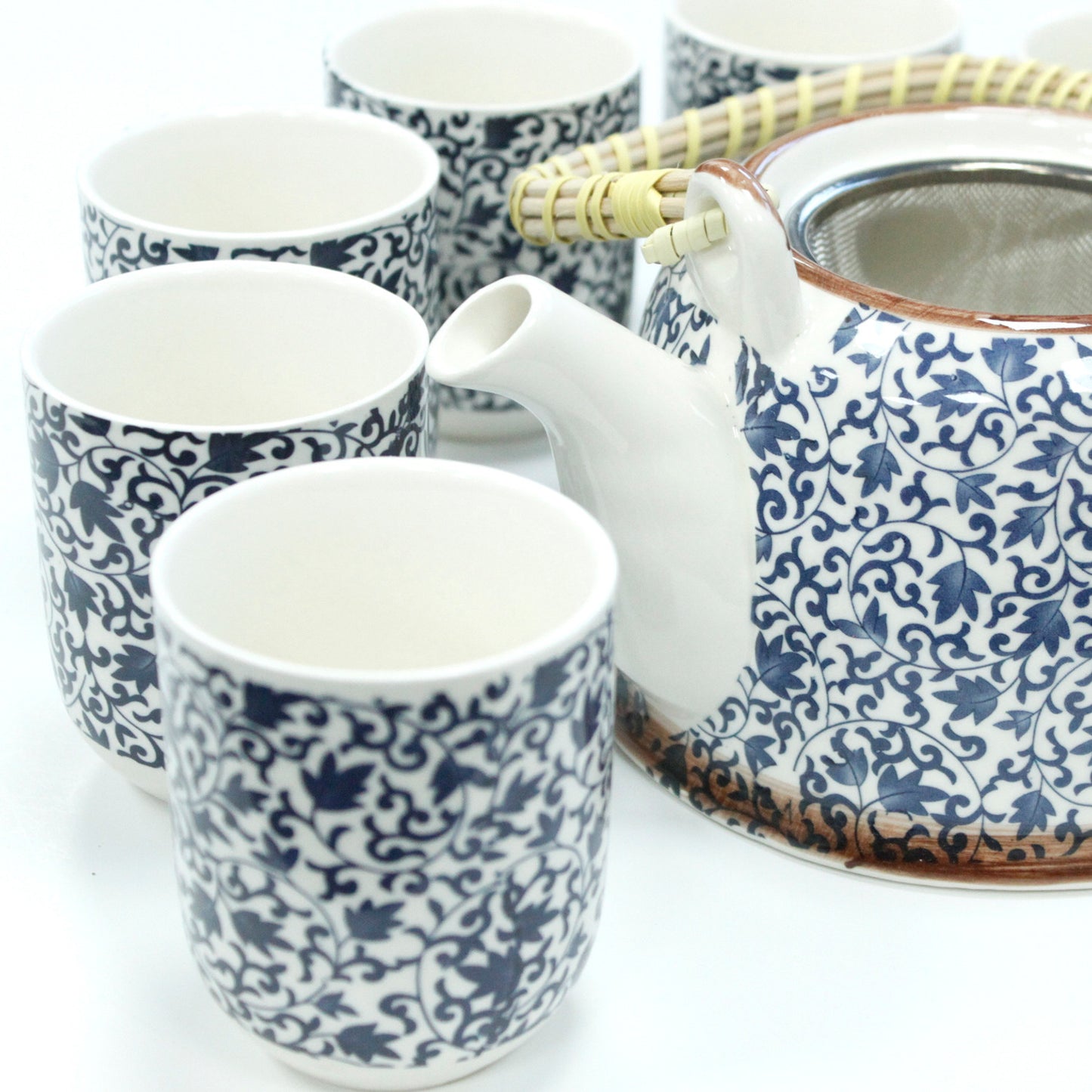 Herbal Teapot Set blue and white swirl leaf design with six cups teacups for loose leaf tea or teabags