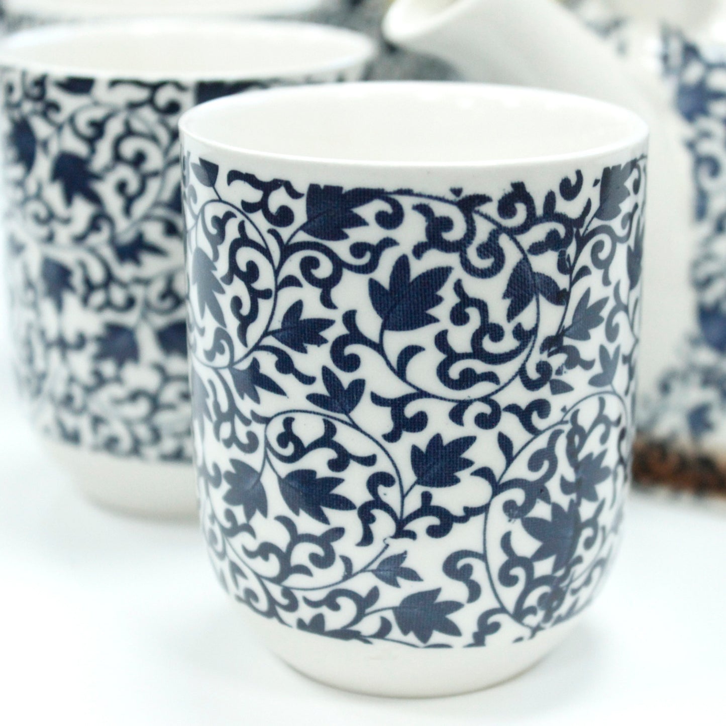 Herbal Teapot Set blue and white swirl leaf design with six cups teacups for loose leaf tea or teabags