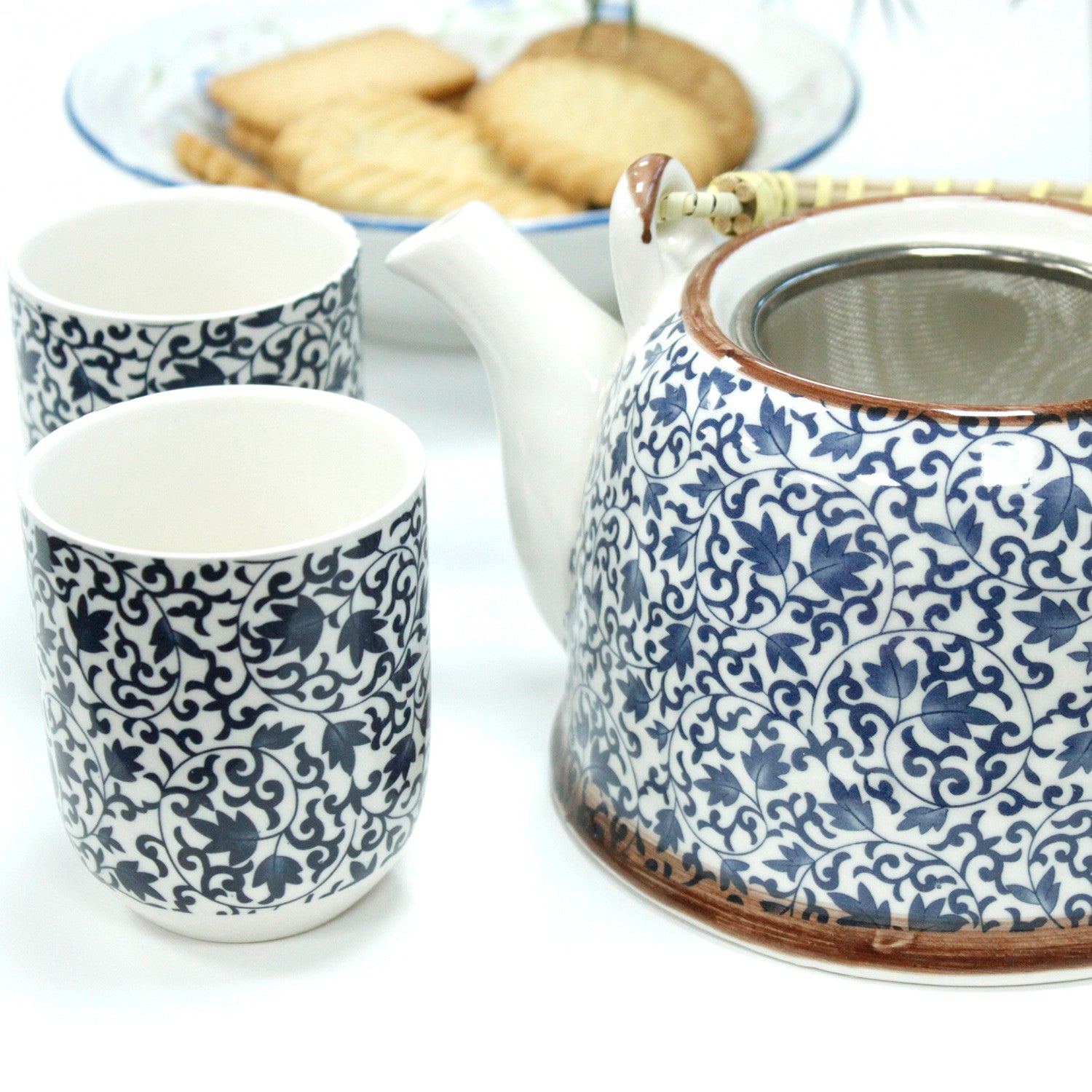 Herbal Teapot Set blue and white swirl leaf design with six cups teacups for loose leaf tea or teabags