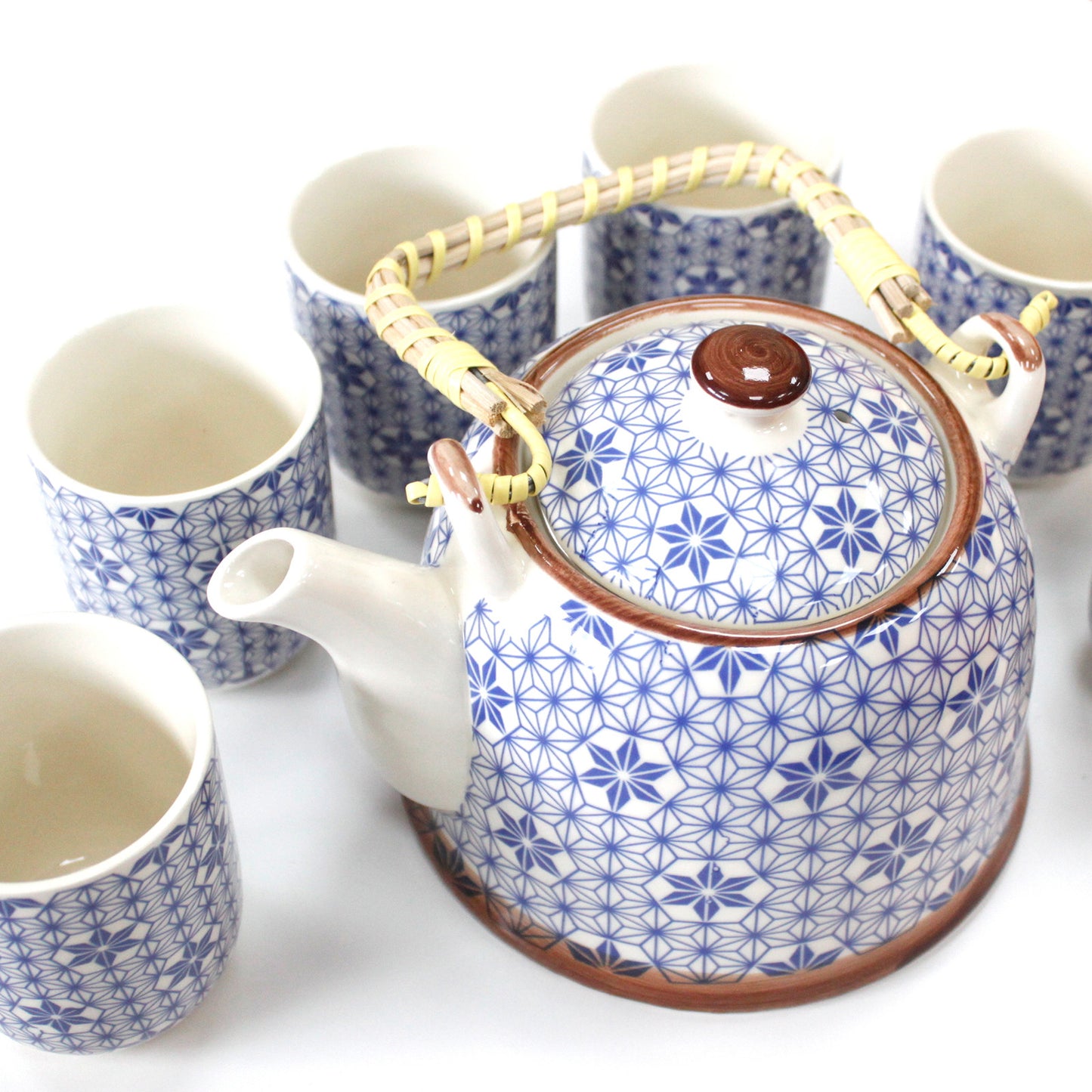 Herbal Teapot Set blue and white star geometric design with six cups teacups for loose leaf tea or teabags