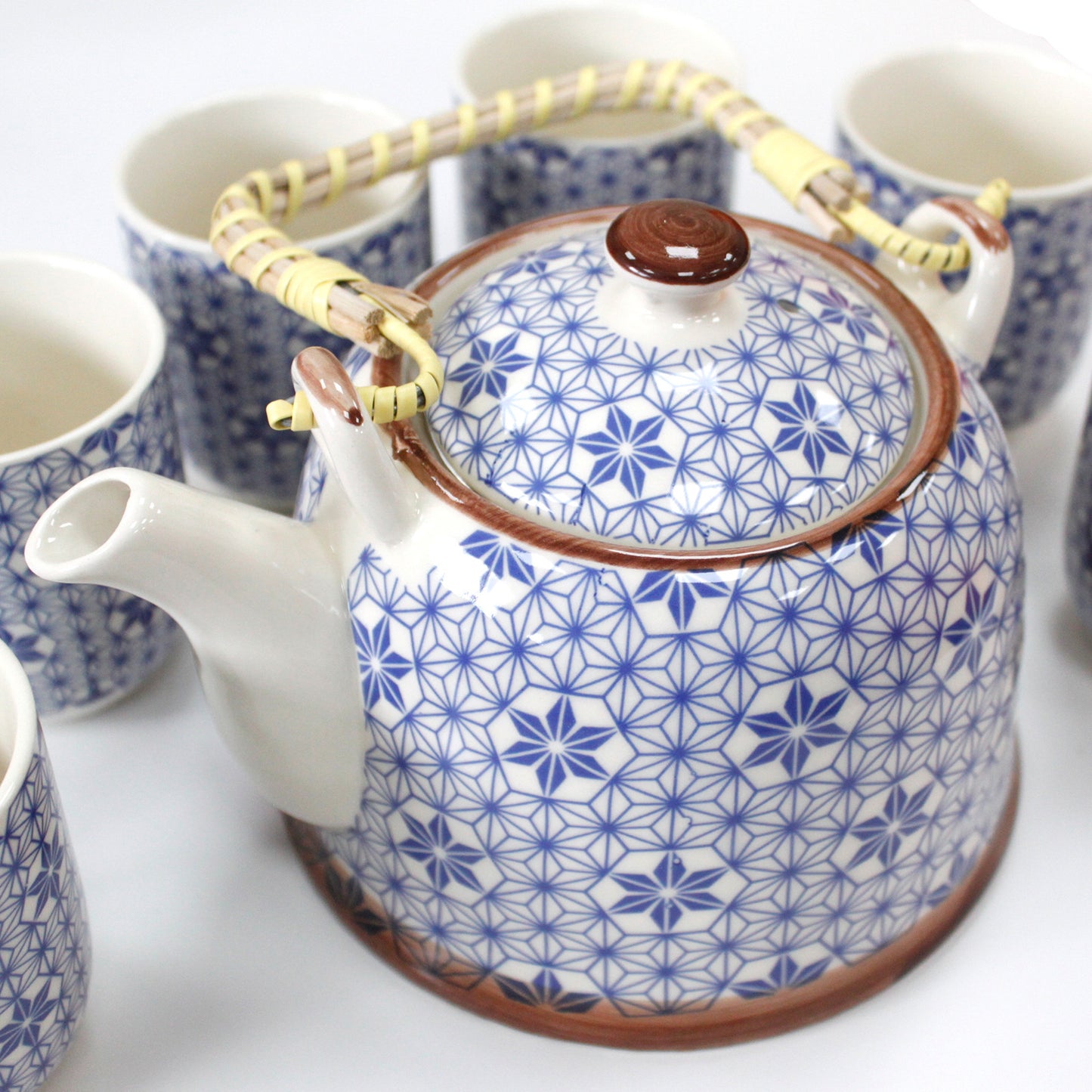 Herbal Teapot Set blue and white star geometric design with six cups teacups for loose leaf tea or teabags