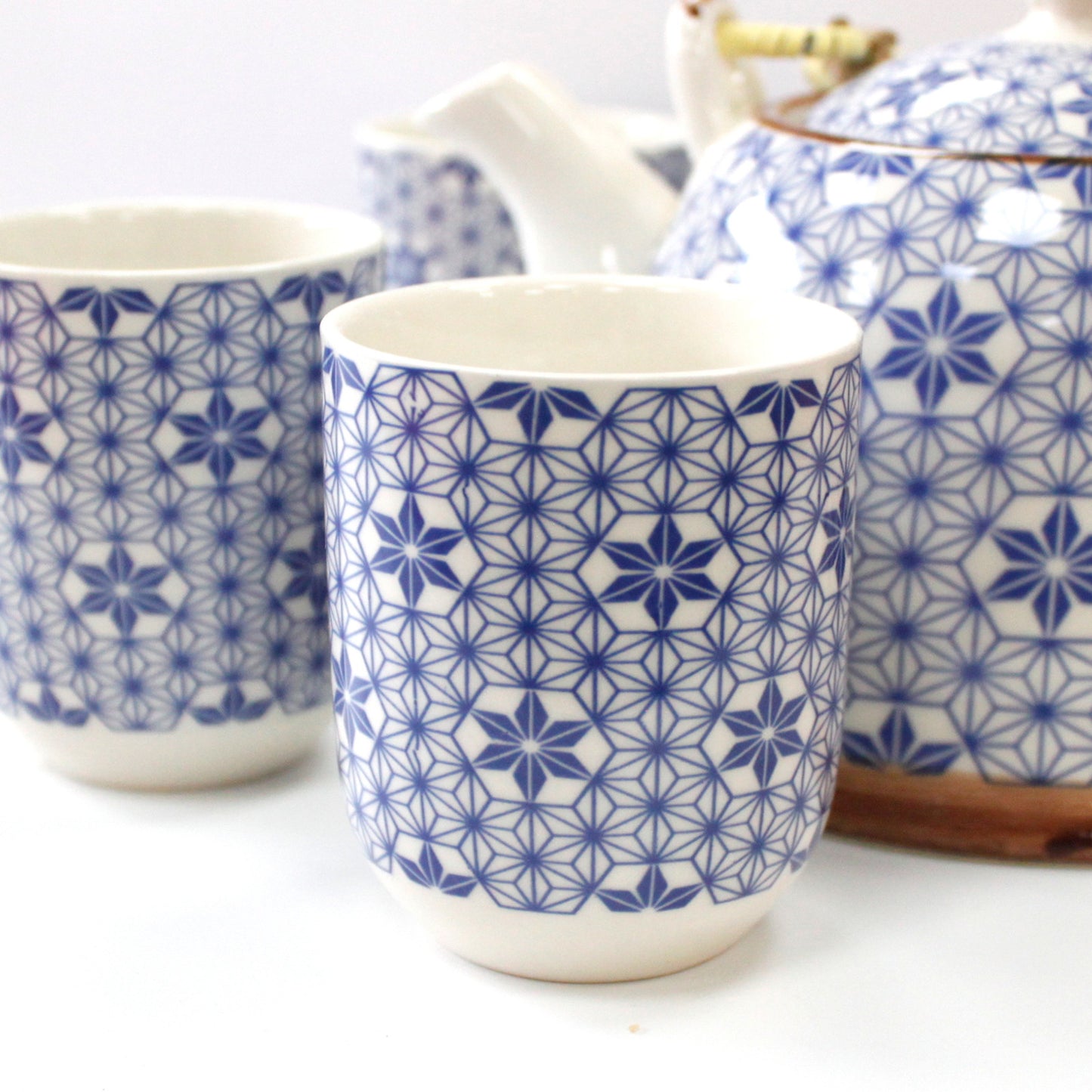 Herbal Teapot Set blue and white star geometric design with six cups teacups for loose leaf tea or teabags