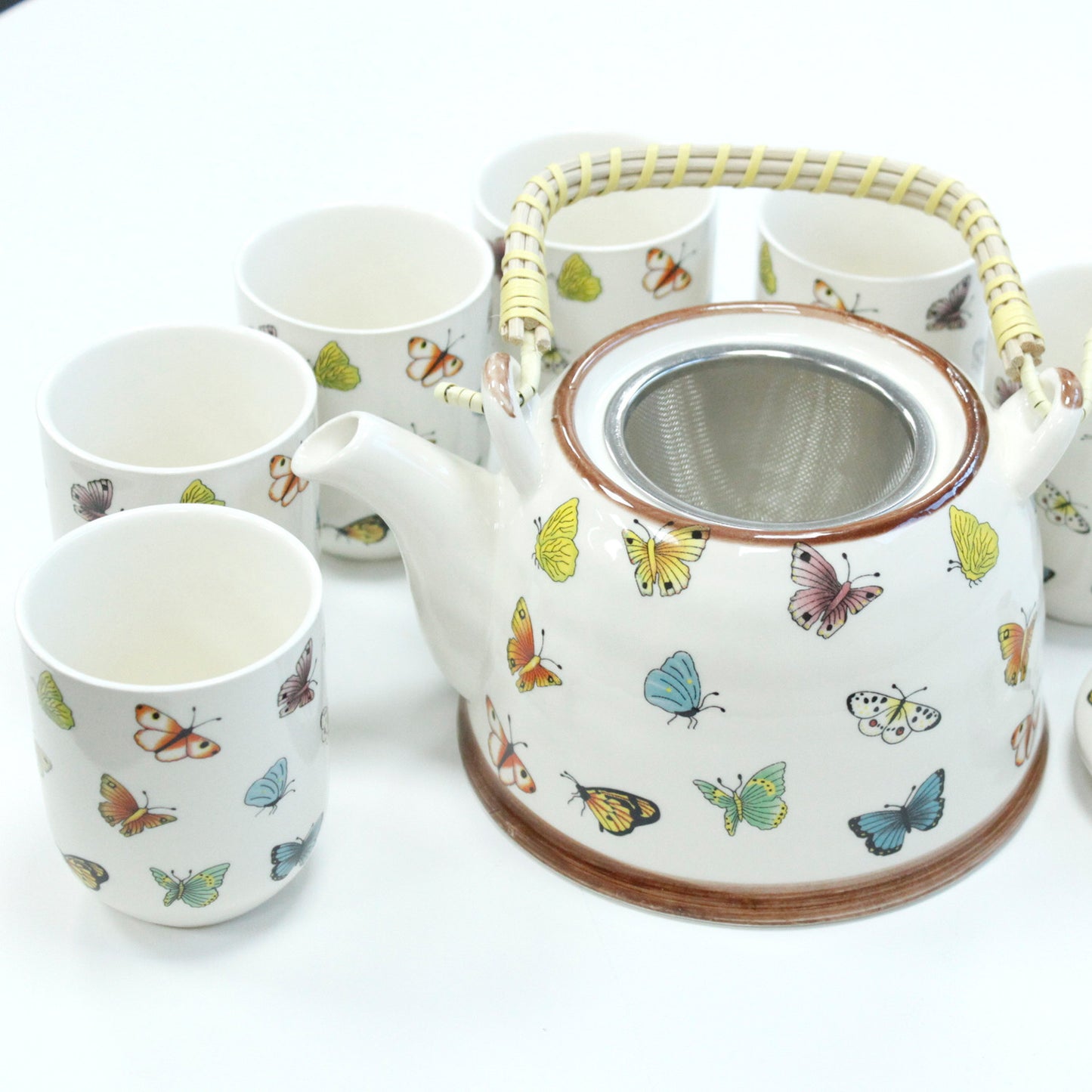 Herbal Teapot Set colourful butterfly design with six cups teacups for loose leaf tea or teabags