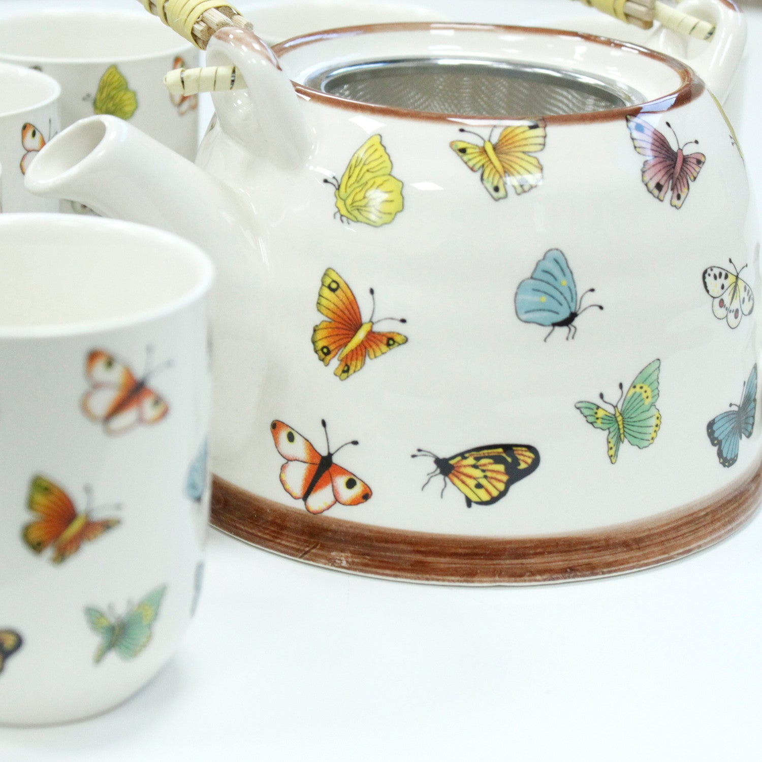 Herbal Teapot Set colourful butterfly design with six cups teacups for loose leaf tea or teabags