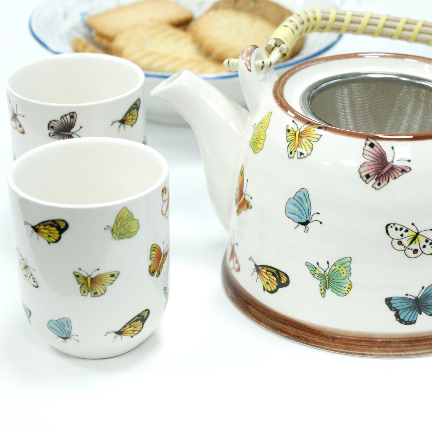 Herbal Teapot Set colourful butterfly design with six cups teacups for loose leaf tea or teabags